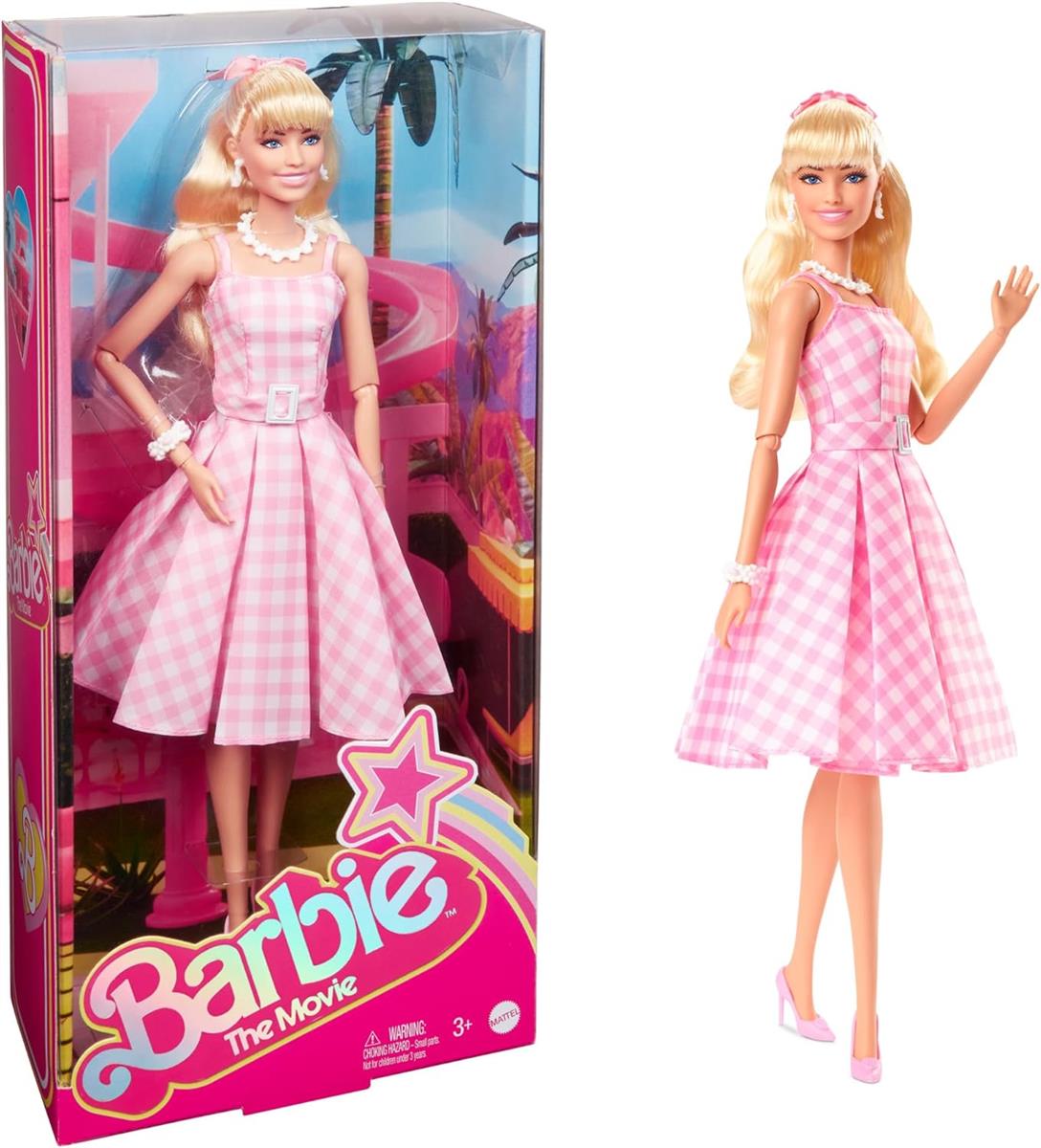 Barbie Puppe, The Movie doll, in rosa weissem Kleid und Gänseblümchen Halskette, Margot Robbie, Sammlerstück, Spielzeug ab 3 Jahre, HPJ96