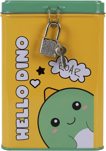I-TOTAL® Spardose mit Vorhängeschloss Schlüssel Sparbüchse aus Metall Hello Dino