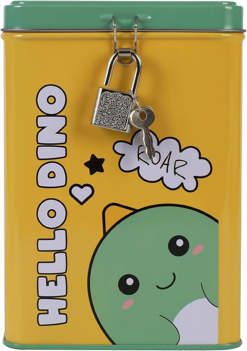 I-TOTAL® Spardose mit Vorhängeschloss Schlüssel Sparbüchse aus Metall Hello Dino