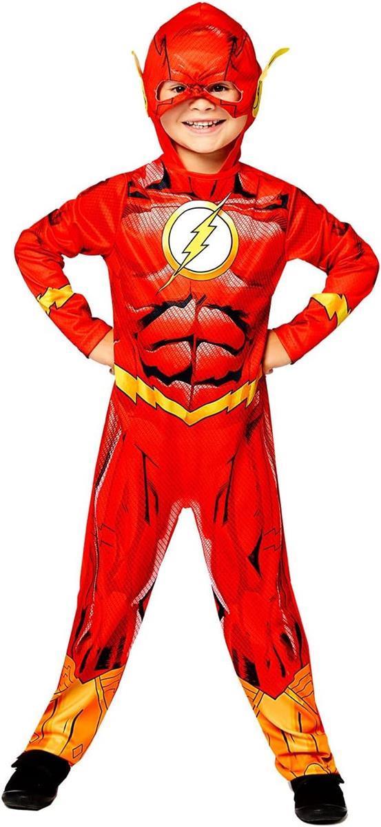 Amscan - Kinderkostüm The Flash, bedruckter Overall mit Kopfbedeckung, 100 % recycelte Materialien, Serie, DC Super Heroes, Motto-Party, Karneval Größe 134 8-10 Jahre