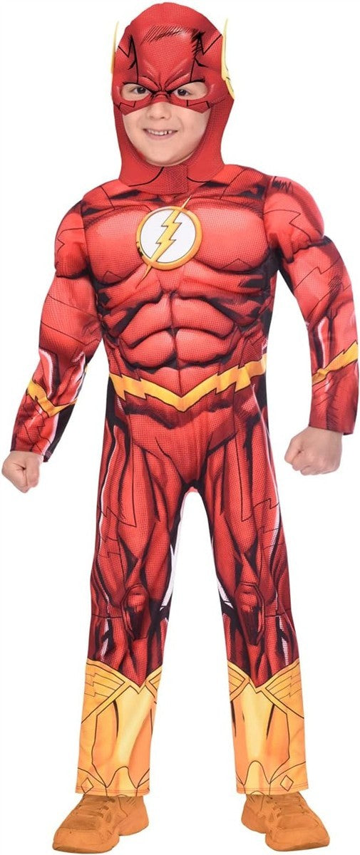 Amscan - Kinderkostüm The Flash, bedruckter Overall mit Kopfbedeckung, 100 % recycelte Materialien, Serie, DC Super Heroes, Motto-Party, Karneval Größe 104