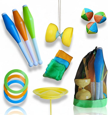 alldoro 60130 Jonglier-Set 16-tlg., inkl. Jonglierbälle, Tücher, Ringe, Keulen, Diabolo & Teller im Netzrucksack, für Kinder ab 3 Jahren & Einsteiger