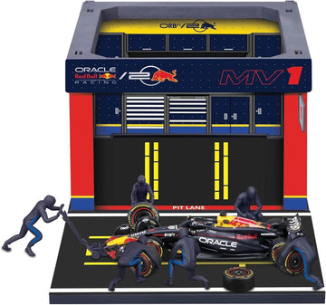 Bburago - Pit Stop Red Bull RB20 2024#1 Verstappen, Spielset mit Diorama, 1:43 und 6 Mechanikern, Detailgetreu, Red Bull-Lizenz, Alter 3+