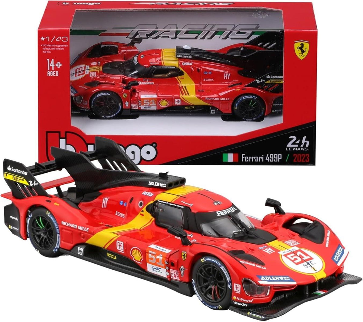 Bburago - Ferrari 499P LMH Nr. 51 - Realistisches Modellauto im Maßstab 1:43, Modell 2023 24H Le Mans Champion, Replica Diecast mit offizieller Ferrari-Lizenz, empfohlenes Alter 14+ Jahre