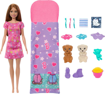 Barbie-Puppe und Spielset mit 2 Spielzeughunden und mehr als 10 Zubehörteilen, Welpen-Pyjama-Party mit Farbwechseleffekt, Schlafsack, Schlafmaske und mehr, HXN01