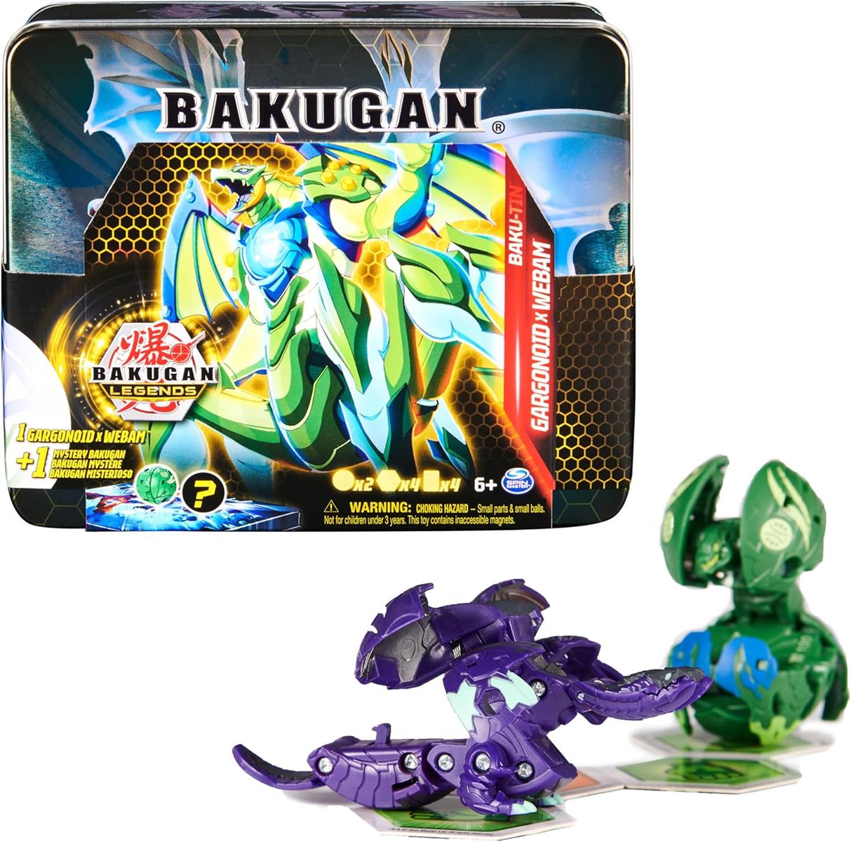 Bakugan 'Legends' 2023 Baku-Tin, hochwertige Metall-Aufbewahrungsbox mit exklusivem Fusions Gargonoid x Webam und einem weiteren Überraschungs-Ball, für Kinder ab 6 Jahren