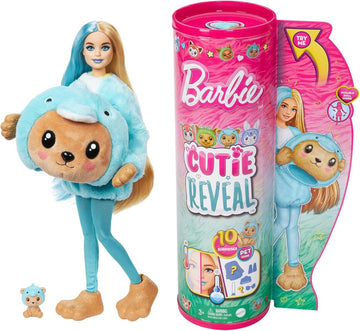 Barbie Cutie Reveal Puppe - 10 Überraschungen, Plüschtierfreunde, Outfits, Farbwechselspaß, Teddybär in Delfin-Plüschkostüm, Colorblock-Haare, Mini-Haustier, Fleece-Jacke, ab 3 Jahren, HRK25