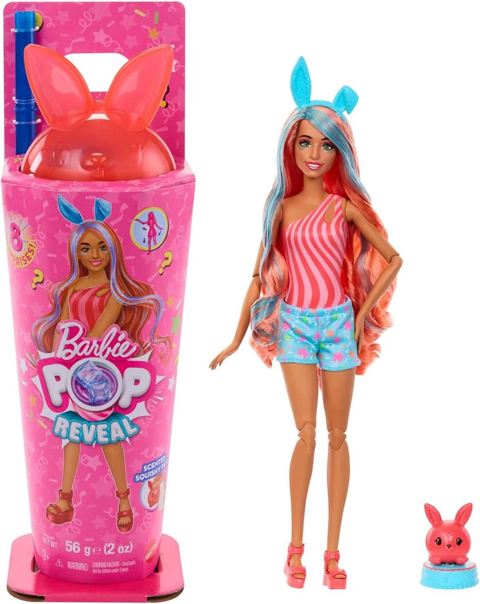 Barbie Pop-Reveal-Set aus Puppe und Accessoires, Shakes-Serie, duftende süße Kätzchen-Modepuppe & Haustier, mit 8 Überraschungen inklusive Farbwechsel, JCN87