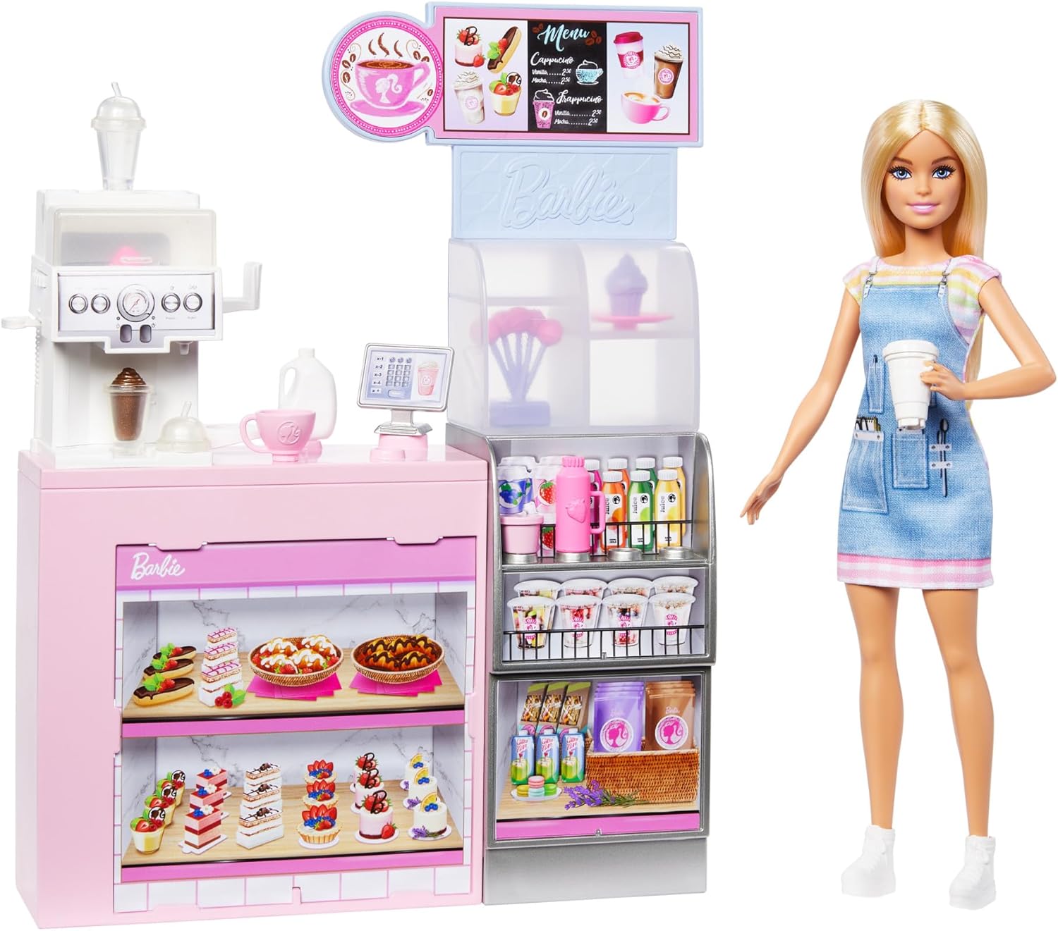 Barbie Naschcafé Spielset mit Blonder Barista-Puppe und über 12 Zubehörteilen, darunter Kaffeemaschine/Smoothie-Maker, Lebensmittel und Tassen, HXN94