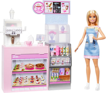 Barbie Naschcafé Spielset mit Blonder Barista-Puppe und über 12 Zubehörteilen, darunter Kaffeemaschine/Smoothie-Maker, Lebensmittel und Tassen, HXN94