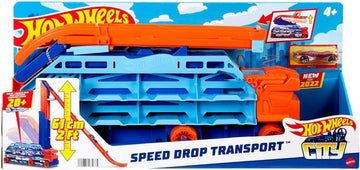 HOT WHEELS City Transporter - mit ausfahrbarer Abfahrtsrampe, Ladefläche für 20 Fahrzeuge und Spezialräder - Geschenk für Kinder ab 4 Jahren, HDY92