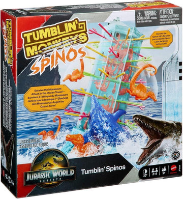 Mattel Games S.O.S. AffenalarmJurassic World: Die Wiedergeburt -Spiel für Kinder und Familie mit Ozean-Turm und vom Film inspirierten Spinosaurus-Figuren., JFW44