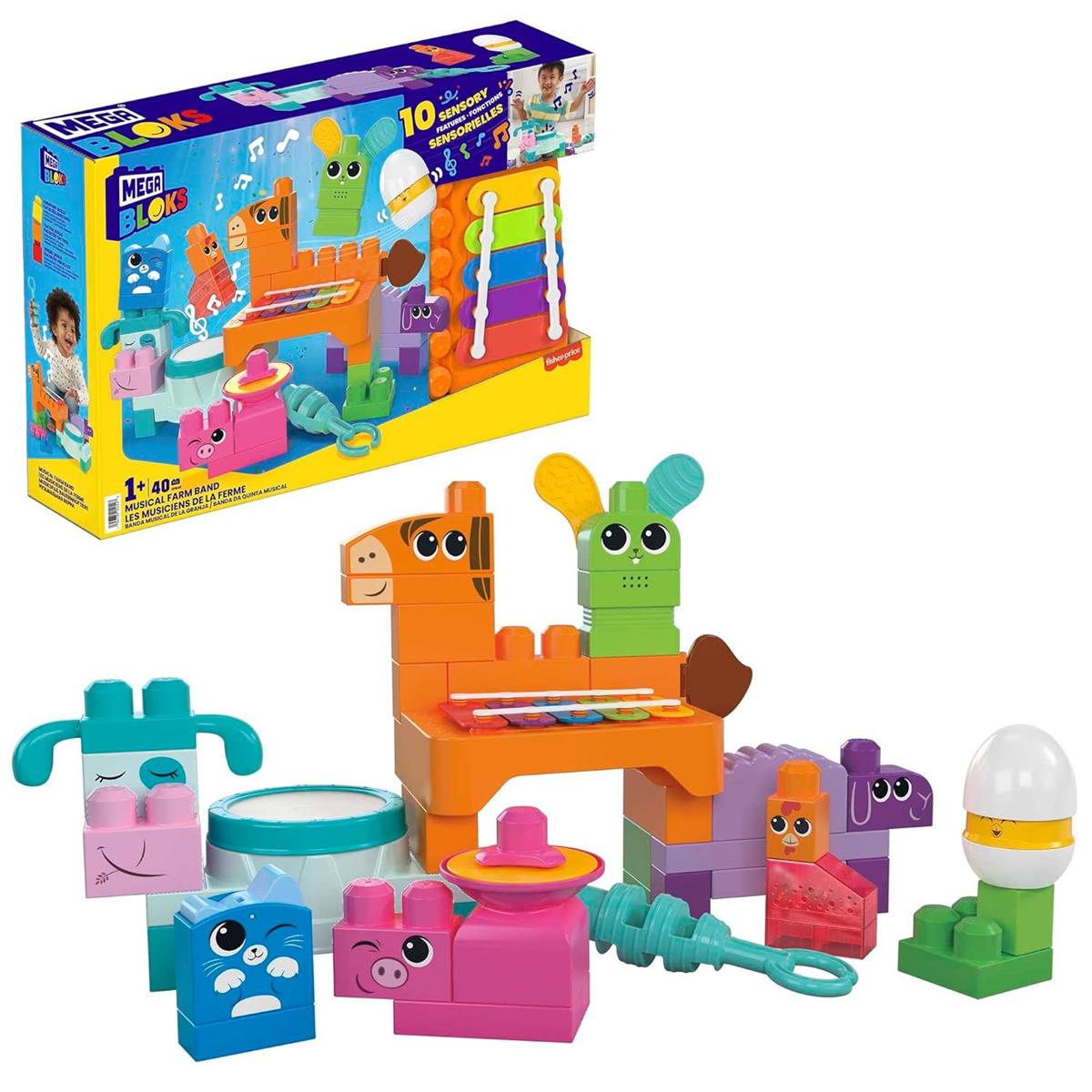 MEGA Blocks Fisher-Price sensorisches Bauspielzeugset, Musikspaß Bauernhoftiere mit 45 Bauklötzen für Kleinkinder und 6 Notenblättern, Geschenkideen für Kinder ab 1 Jahr, HPB46