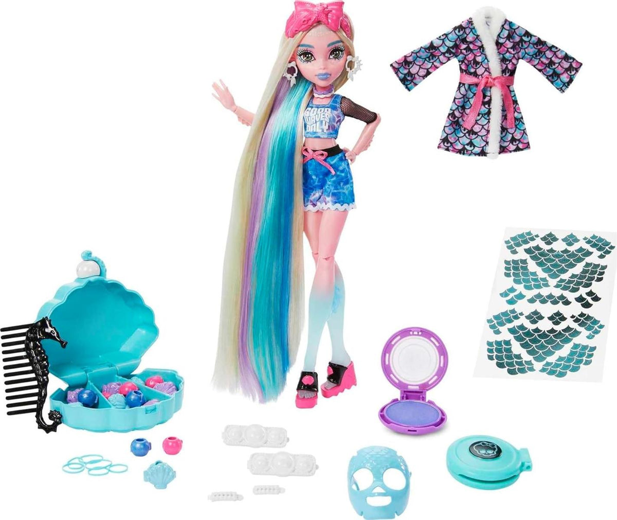 Monster High Puppe, Lagoona Blue Spa Day Set mit Wear and Share Zubehör wie Haarspangen, Haarkreide und Tattoos (HKY69)