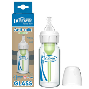 Dr. Brown's Anti-Colic Options+ schmale Glas-Babyflasche mit langsamem Trinksauger Stufe 1, BPA-frei, 120 ml, 0 m+, 1 Packung
