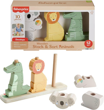 Fisher-Price Baby und Kleinkinder Stapel- und Sortiert-Tierwelt aus Holz, 10 Holzteile für die spielerische Entwicklung ab 1 Jahr, HXV04