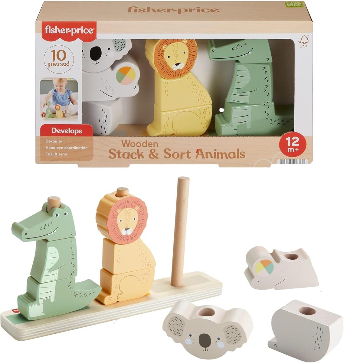 Fisher-Price Baby und Kleinkinder Stapel- und Sortiert-Tierwelt aus Holz, 10 Holzteile für die spielerische Entwicklung ab 1 Jahr, HXV04