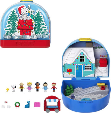 Polly Pocket x Peanuts Sammler-Schatulle, Minipuppen und Spielset, 7 thematische Zubehörteile, 4 symbolische Locations, Snoopy & Woodstock, JFV05