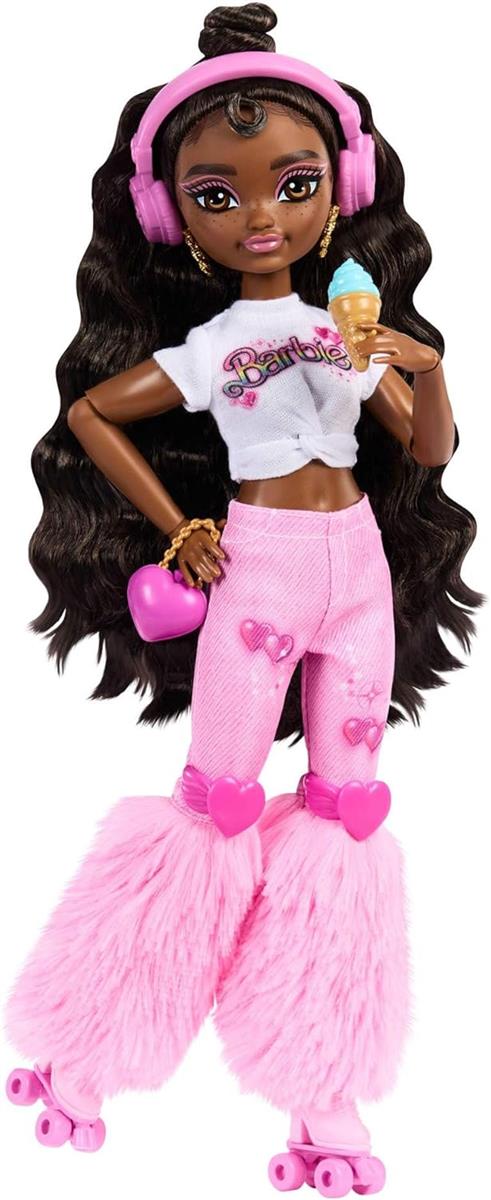 Barbie Dream Besties Puppe und Accessoires, bewegliche Barbie Brooklyn Rollschuh-Modepuppe mit braunem Haar, 9 Zubehörteile zum Thema Musik und Video, JFX97