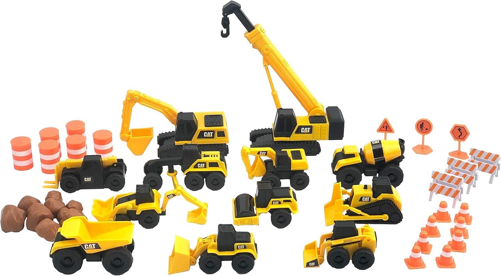 CAT® Construction Little Machines Mega-Set I Mit 40 Teilen I Enthält Fahrzeuge, einen Kran, Verkehrsschilder, Kegel, Blöcke und Zylinder I Für Kinder ab 3 Jahren, Yellow, 1:64