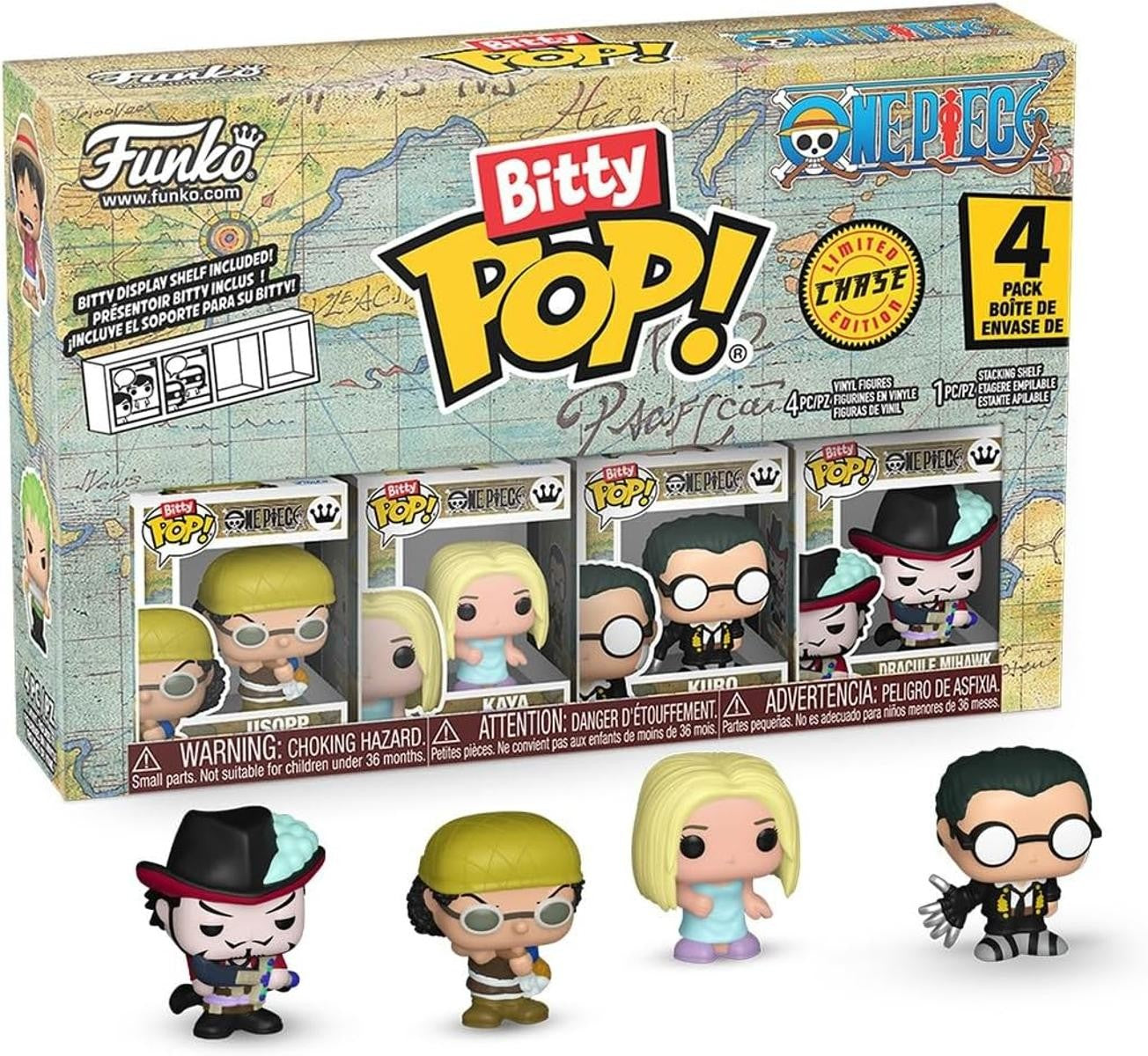 Funko Bitty POP! 4 Pack: One Piece - Usopp, Kaya, Kuro, Mystery Mini Figure - 1 in 6 Chance of Receiving the Rare Chase Variant - Styles May Vary - 0,9 Zoll (2,2 cm) Sammelbar - Geschenkidee | 1 von 6 Chance auf seltene Chase-Variante, Stile können variie