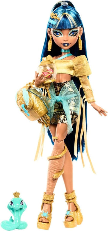 Monster High Cleo De Nile Puppe in goldener Bluse und mehrlagigem Rock  Accessoires HXH74 4+