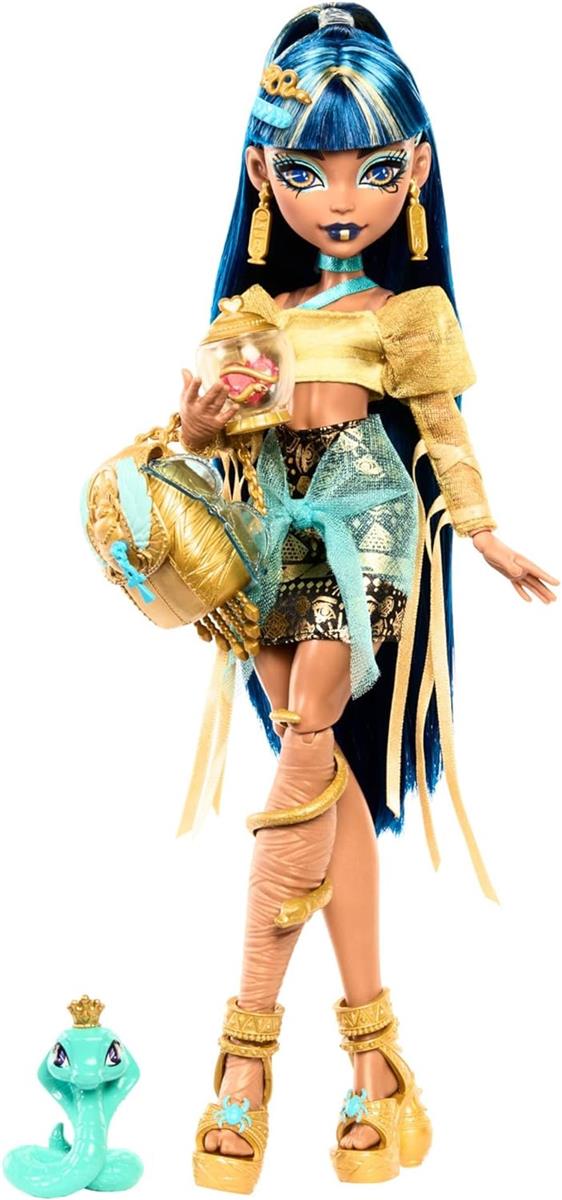 Monster High Cleo De Nile Puppe in goldener Bluse und mehrlagigem Rock  Accessoires HXH74 4+