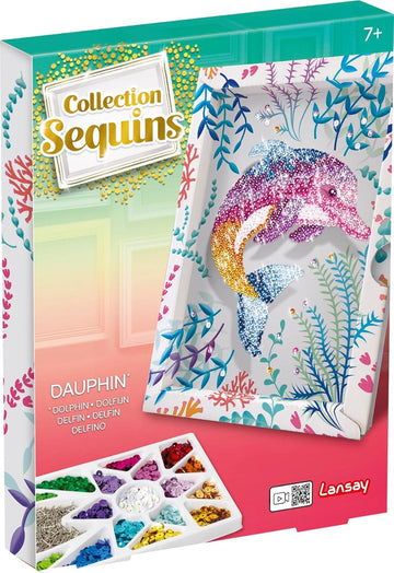 Lansay - COLLECTION SEQUINS - Delfin - Paillettenbild Bastelset für Kinder ab 7 Jahren - DIY Glitzermosaik inkl. Rahmen, bunten Pailletten & Nadeln - Kreative Zimmerdeko & Basteln Geschenkidee