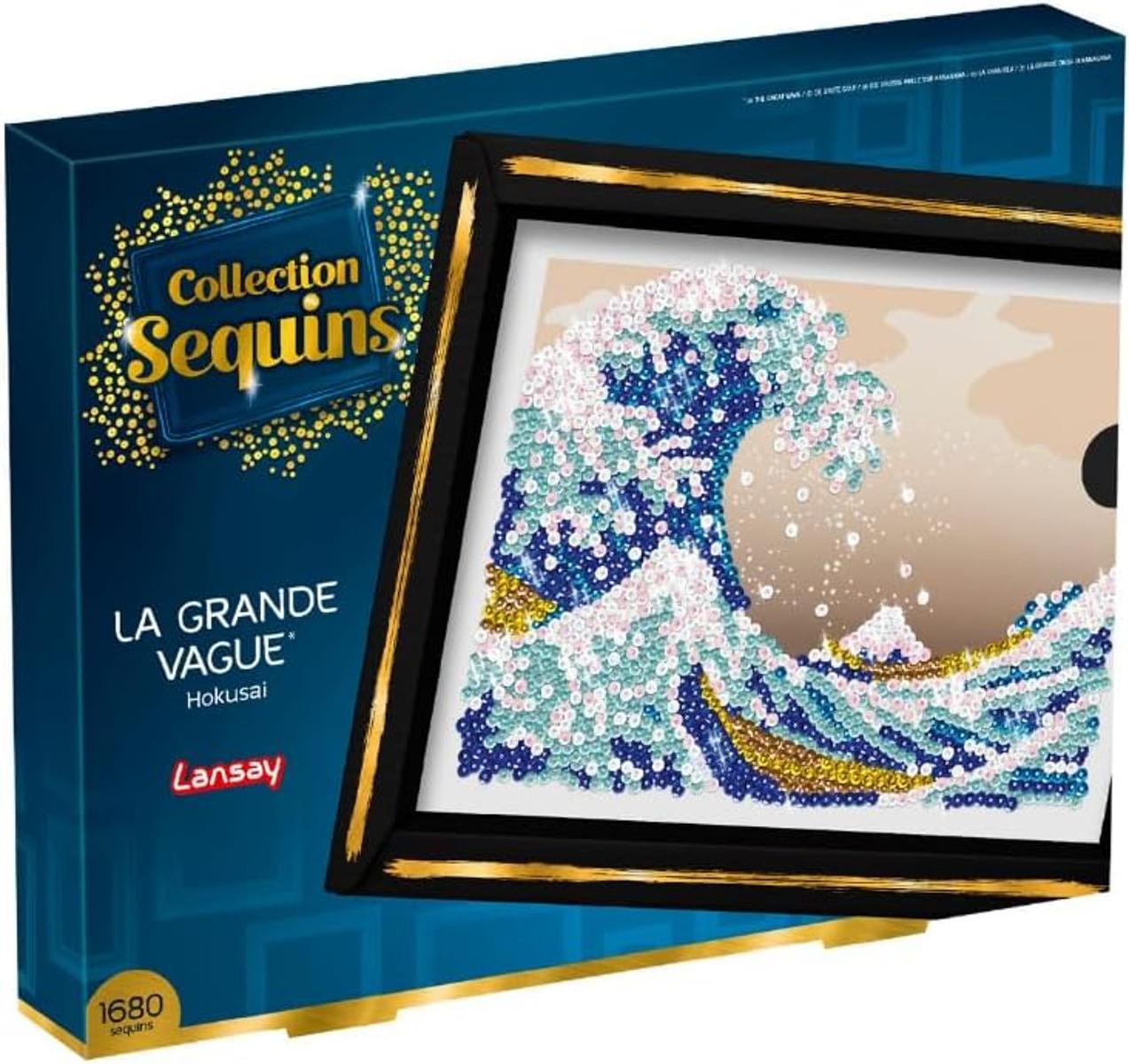Lansay - COLLECTION SEQUINS - Hokusai Die Große Welle - Paillettenbild für Erwachsene & Jugendliche ab 14 Jahren - DIY Kunst-Set mit 1000+ Pailletten, Rahmen & Nadeln - Edle Wanddeko Geschenkidee