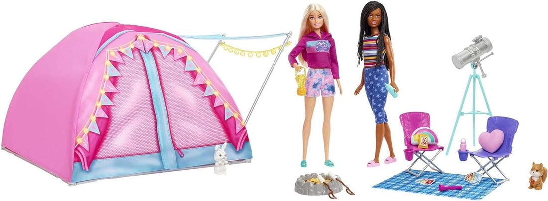 Barbie Abenteuer zu zweit Camping-Spielset mit Zelt, inkl. 2 Barbie Puppen, Barbie Camping Zubehör und Tiere, Geschenk für Kinder, Spielzeug ab 3 Jahre,HGC18
