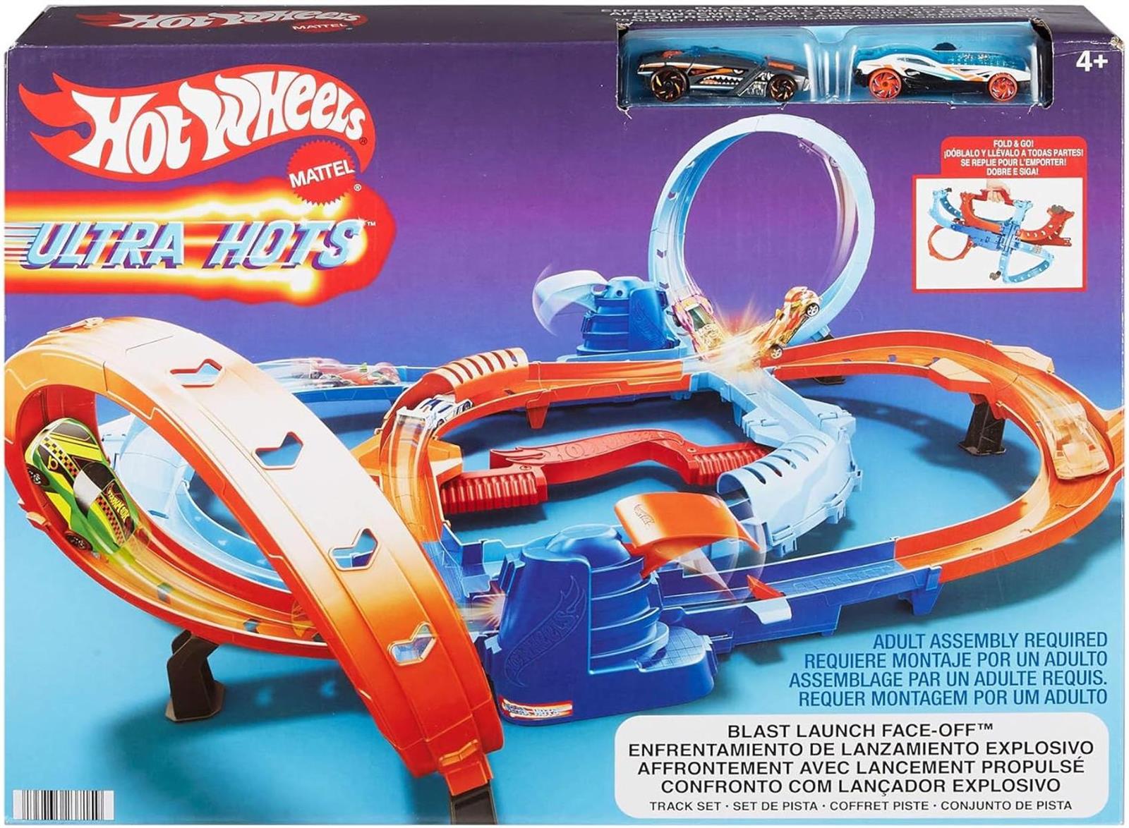 Hot Wheels Spielzeugauto Trackset, Ultra Hots Rasanter Wettkampfstart mit 2 Fahrzeugen im Maßstab 1:64, Kopf-an-Kopf-Rennen und Stunts, 2 manuell bedienbare Starter, HXR71