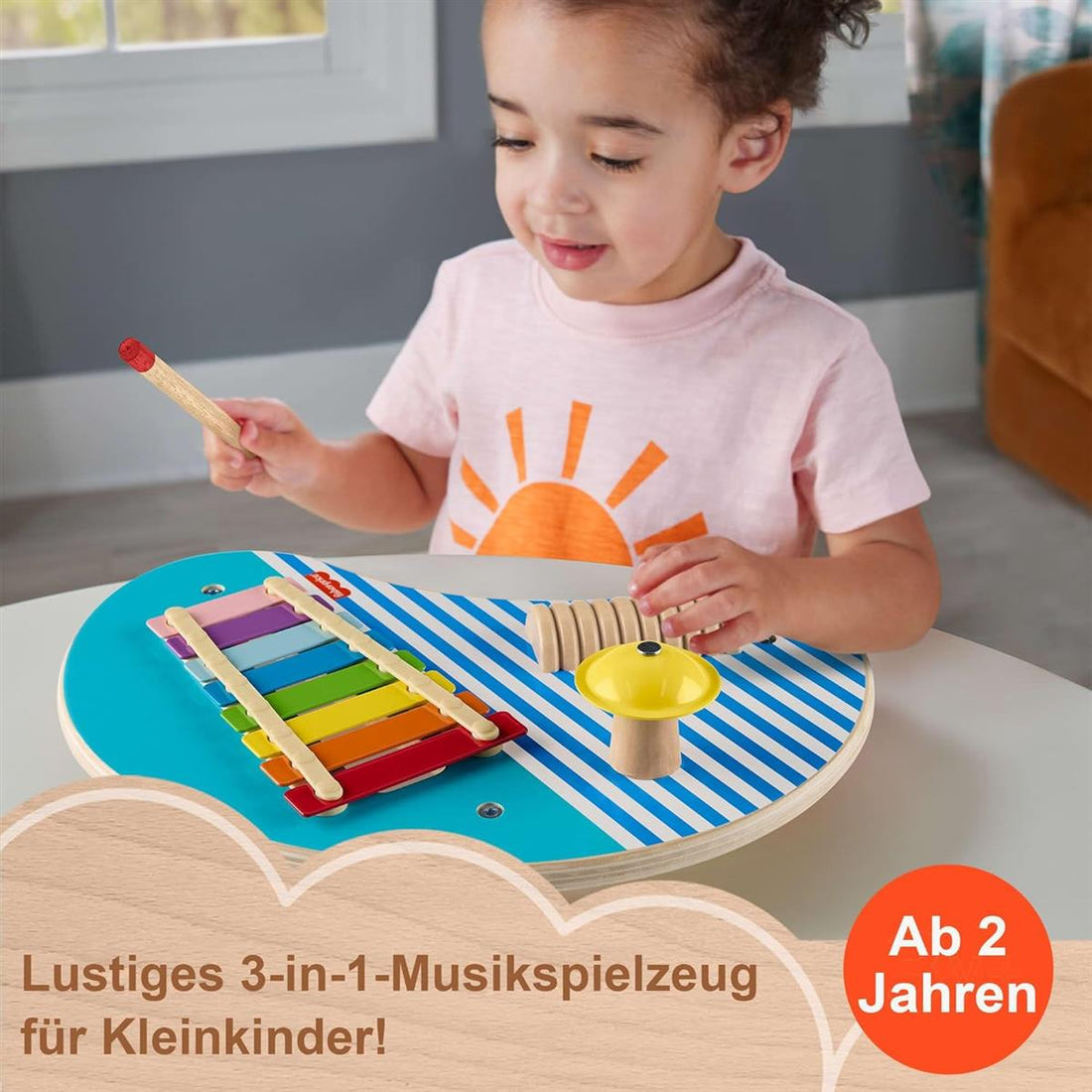 Fisher-Price Kleinkinderspielzeug Holz-Musiktisch mit Percussion-Instrumenten, 3 Holzteile für Kinder ab 2 Jahren, HXT91