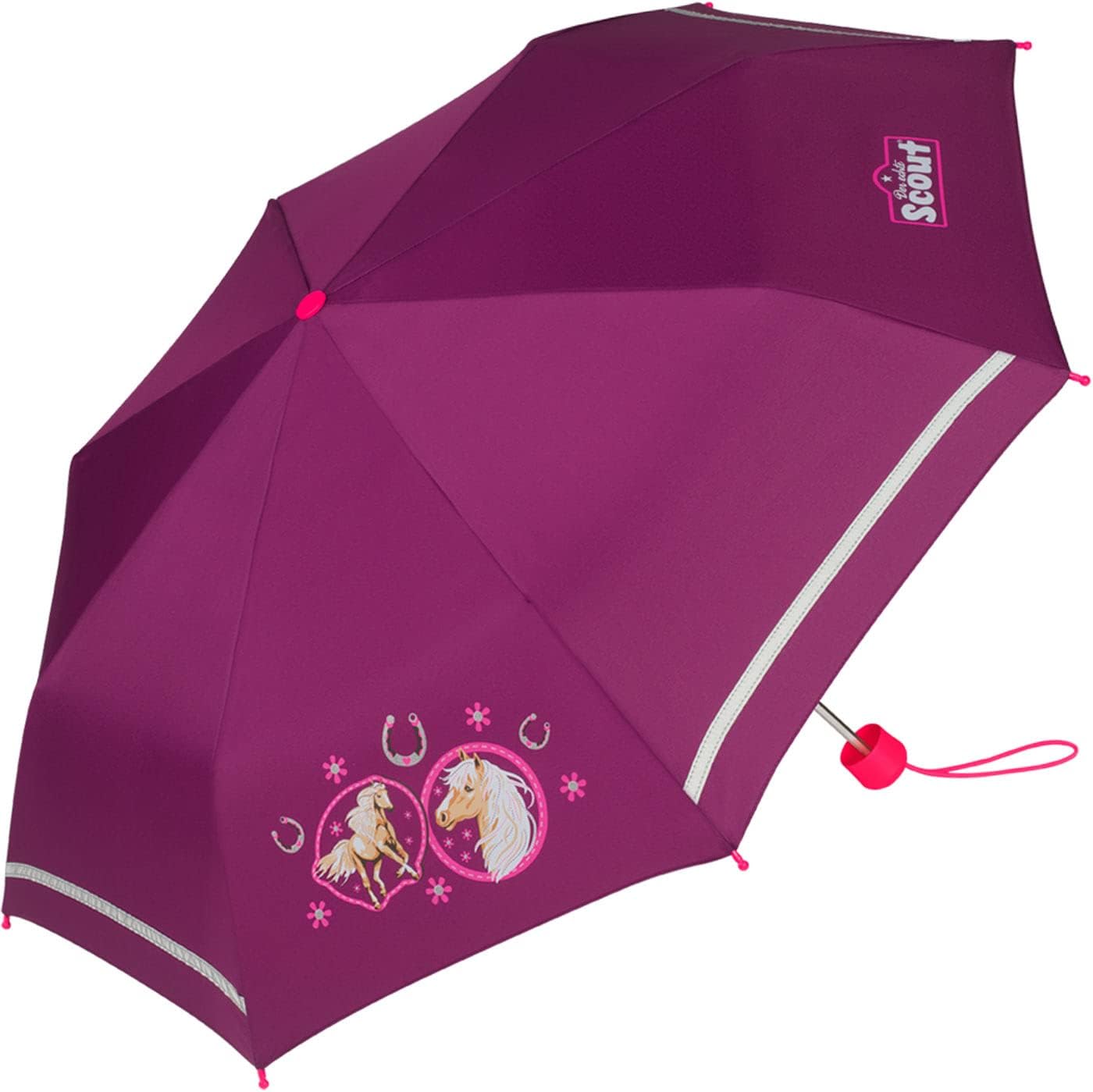 Scout Kinder-Taschenschirm mit reflektierendem Streifen Pink Horse, 90 cm
