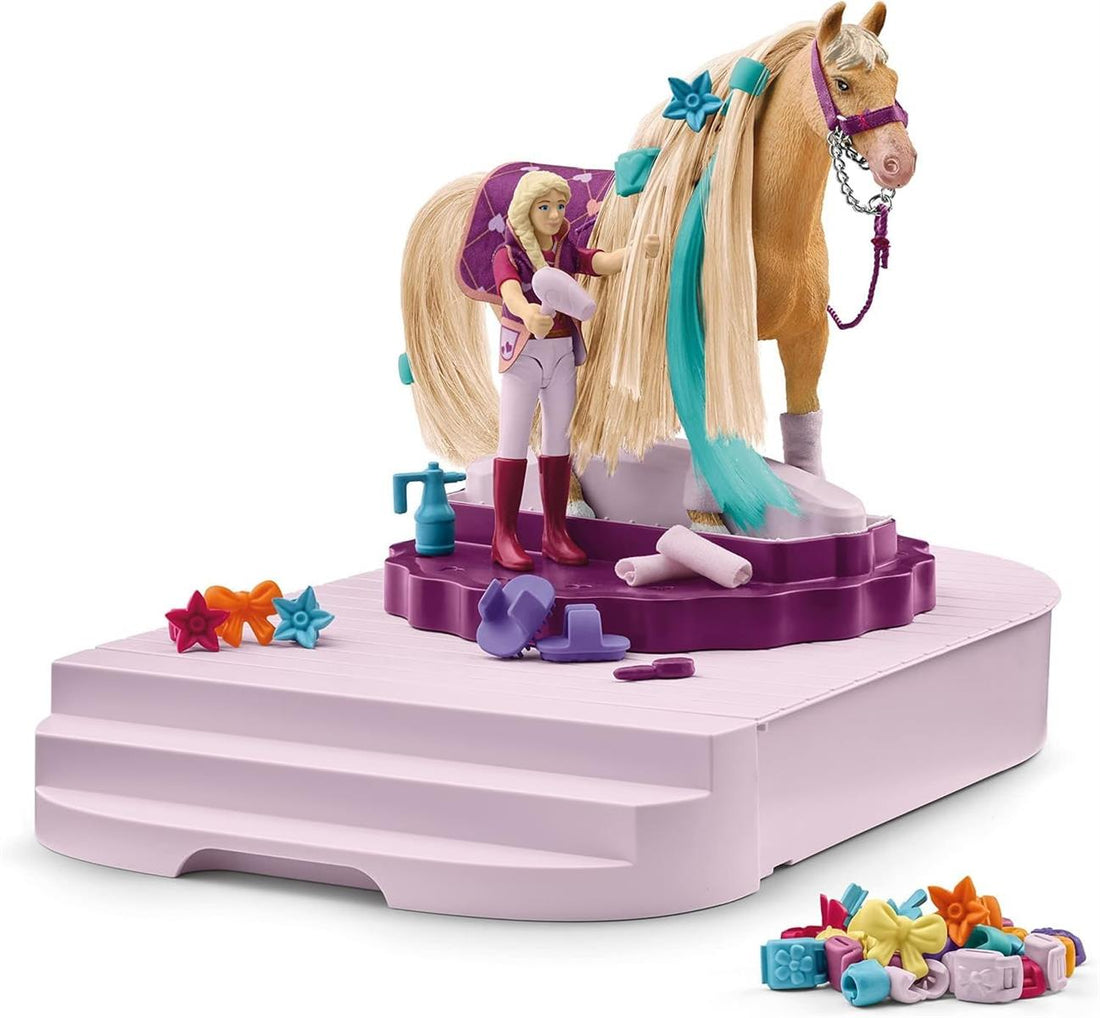 SCHLEICH Horse Club 42617 Sofia's Beauties Pflege und Styling Station mit Pferd mit Mähne und Reiterin - 54-Teiliges Set mit Pflege und Zubehörkiste mit Sofia-Figur, Pferde Spielzeug ab 4