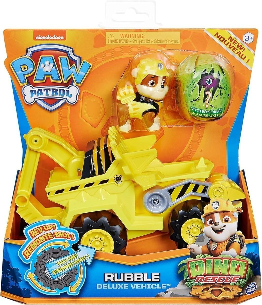 PAW PATROL Dino Rescue Rubbles Basis Fahrzeug mit Rückzieh-Mechanismus, inklusive Hundefigur und Überraschungs-Dino, Spielzeug für Kinder ab 3 Jahren