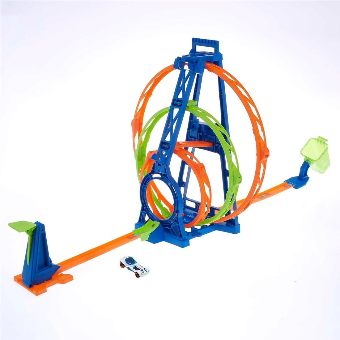Hot Wheels Bahn Triple Looping, Autorennbahn Bauset für Hot Wheels Autos, mit 3 Looping Tracks, inkl. 1 Spielzeugauto, zusammenklappbar, Auto Spielzeug, Spielzeug ab 6 Jahre, HMX38