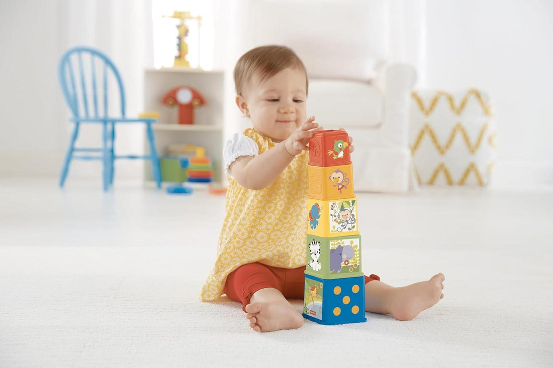 Fisher-Price Stack & Explore Blocks - 5 Würfel mit Strukturen, Figuren, Zahlen und Gegenständen zum Stapeln, Ineinanderstecken und Entdecken, für Kinder ab 6 Monaten, CDC52