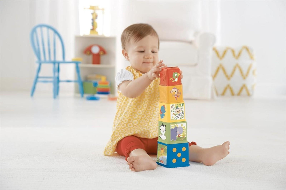 Fisher-Price Stack & Explore Blocks - 5 Würfel mit Strukturen, Figuren, Zahlen und Gegenständen zum Stapeln, Ineinanderstecken und Entdecken, für Kinder ab 6 Monaten, CDC52