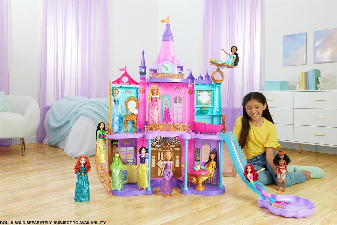 Mattel Disney Prinzessin Puppenhaus, Magisches Schloss, 3 Etagen, 10 Spielbereiche, mit Licht und Geräuscheffekten, inkl. 28 Zubehörteilen, Disney Geschenke, Spielzeug ab 3 Jahre, HLW29