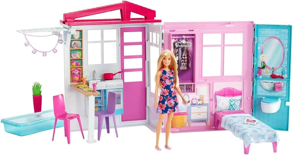 Barbie-Haus mit Küche, Schlafzimmer, Badezimmer, Pool, komplett eingerichtet Möbeln, verschließbar mit Aufbewahrungsgriff, Puppen, Geschenke für Kinder ab 3 Jahren, GWY84