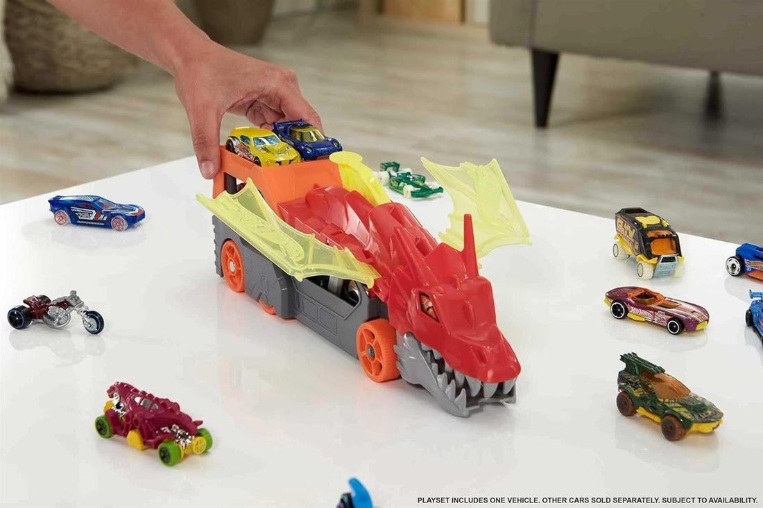 Hot Wheels City Spielzeugauto Track-Set, Drachen-Starter-Transporter und Auto im Maßstab 1:64, schießt Fahrzeuge aus Maul des Biests, zur Aufbewahrung von bis zu 5 Fahrzeugen