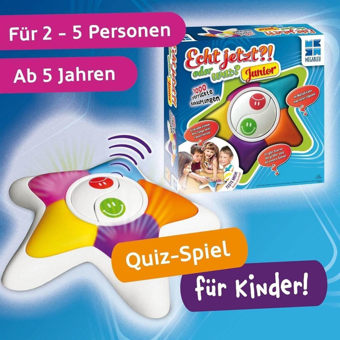 Megableu | Echt jetzt oder was? Junior | IQ Quiz für Kinder | lustiges Familienspiel mit 1000 Fragen | Partyspiele für Kinder | Denkspiel & Gesellschaftsspiele | Für 2 bis 5 Spieler ab 5 Jahren
