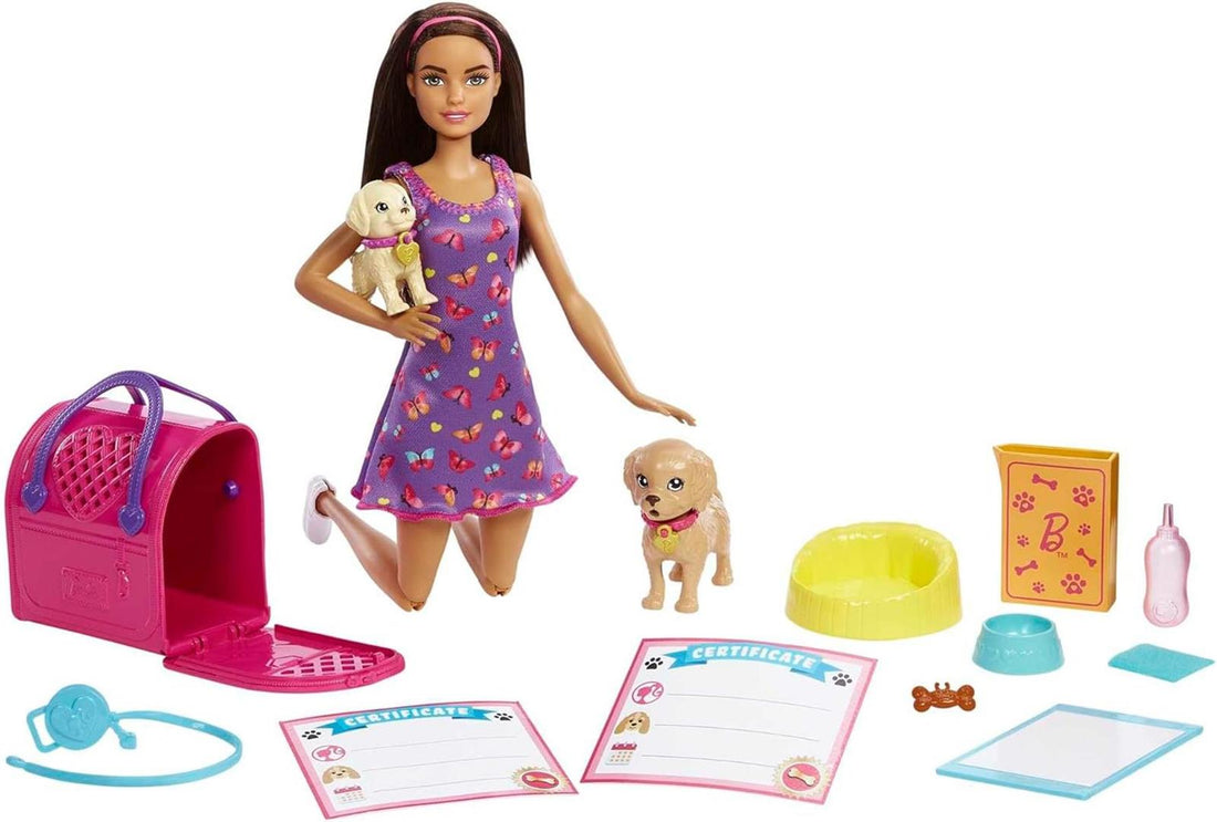Barbie Welpenadoption Puppe und 2 Welpen mit Adoptionszertifikate Farbwechseleffekt Transportbox + Zubehör für Kinder ab 3 Jahren, HKD86