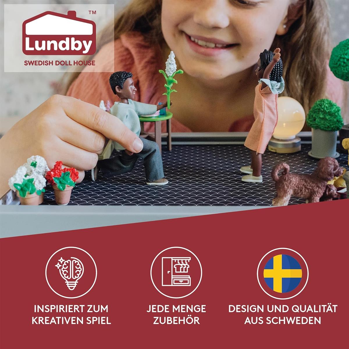Lundby Puppen für Puppenhaus-Familie – dunkelhäutige Puppenfamilie Billie – Biegepuppen – Zubehör & Figuren – Maßstab 1:18