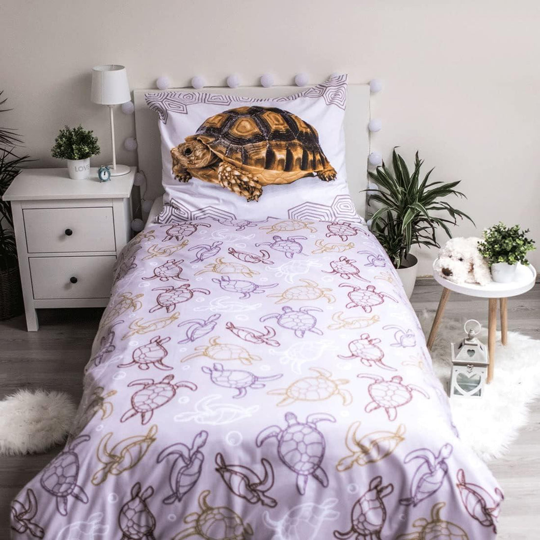 Jerry Fabrics Kinder Bettwäsche mit Wendemotiv Schildkröte Panzermuster 140x200 + 70x90 cm 100 % Baumwolle Reißverschluss