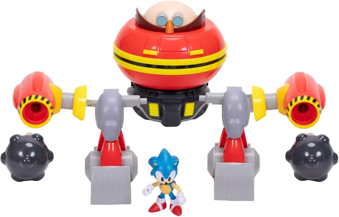Sonic The Hedgehog – Riesiger Eggman-Roboter-Kampfset, offiziell lizenziert von Jakks Pacific, 23 cm großes Spielset, Kanonen schießender Eggman-Roboter mit Sonic-Figur enthalten