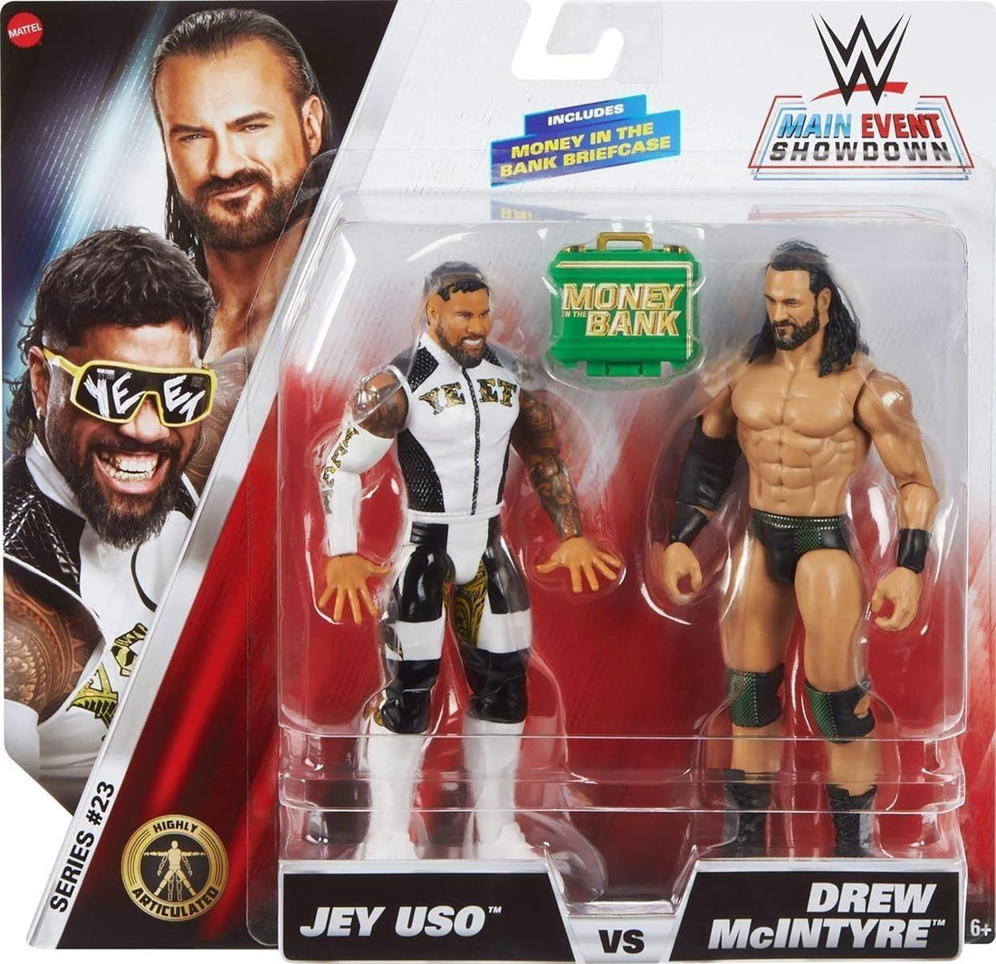 Mattel WWE Main Event Showdown Actionfiguren 2er-Pack mit Zubehör, Serie #23 Jey USO vs Drew McIntyre Sammelset, 15,2 cm