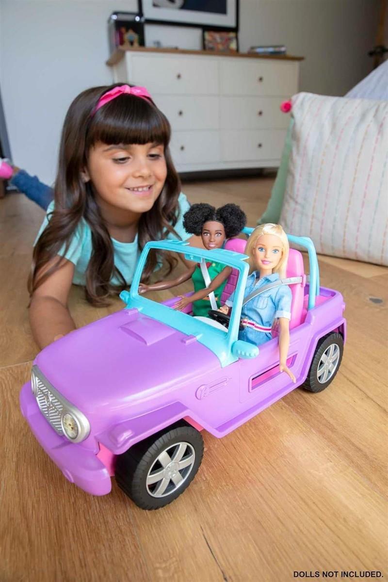 Barbie Jeep, Convertible Jeep, lila Jeep mit beweglichen Rädern, rosa Innenausstattung, Sicherheitsgurt, Barbiepuppe Nicht enthalten, Geschenk für Kinder, Spielzeug ab 3 Jahre,GMT46