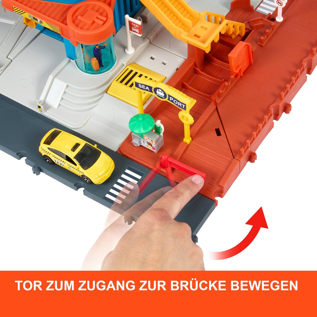 Matchbox Spielzeugautos und Spielset, Transport-Center mit 5 Etagen, von Kindern und Autos aktivierbare Funktionen, enthält Taxi, Boot und Hubschrauber im Maßstab 1:64 sowie Essensverkäufer-Accessoire