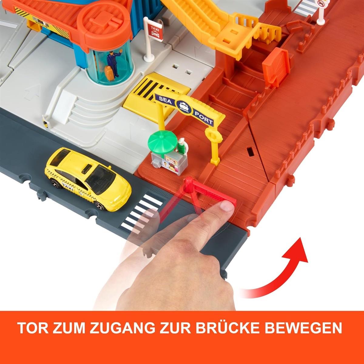 Matchbox Spielzeugautos und Spielset, Transport-Center mit 5 Etagen, von Kindern und Autos aktivierbare Funktionen, enthält Taxi, Boot und Hubschrauber im Maßstab 1:64 sowie Essensverkäufer-Accessoire